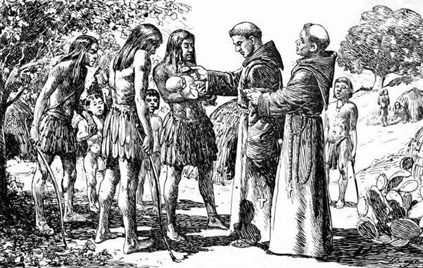 Spanish missionaries baptizing Native Americans