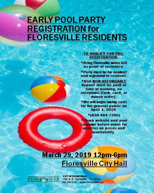 Early Pool Party Registration for Floresville Residents (March 29, 2019)