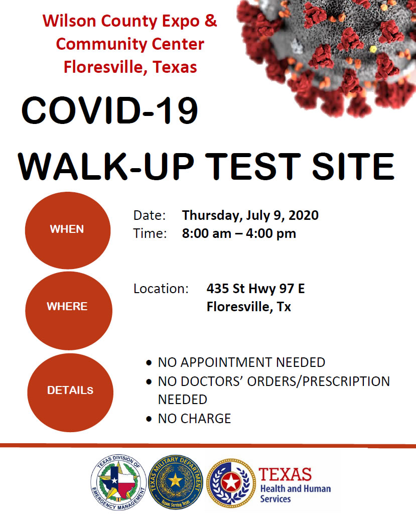 COVID-19 Walk-Up Testing, Thursday, July 9, Floresville, Texas