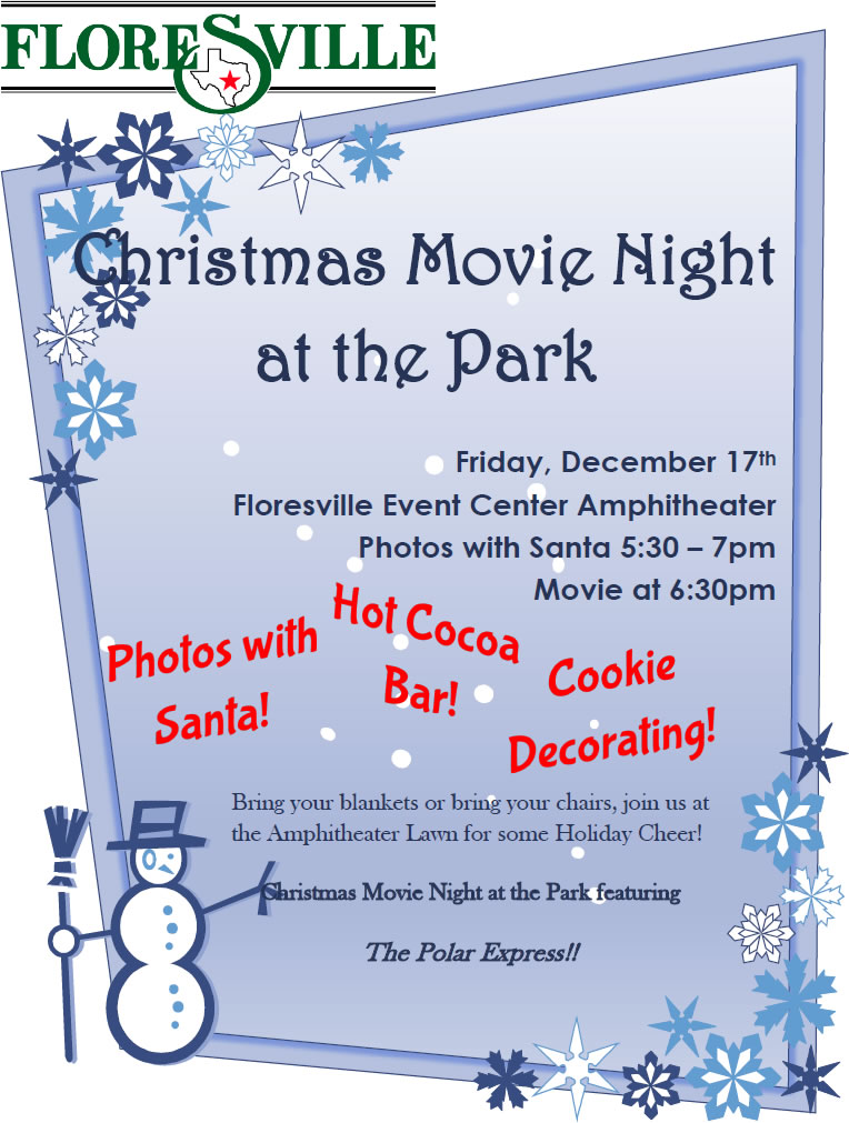 Photos with Santa from 5:30 to 7 pm. The Polar Express movie starts at 6:30 pm. Photos with Santa, hot cocoa bar, and cookie decorating. Bring your blankets or chairs, and join us at the Amphitheater Lawn for some holiday cheer!