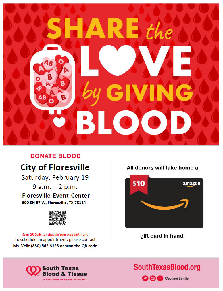 Floresville Blood Drive: Share the Love by Giving Blood, February 19, 2022