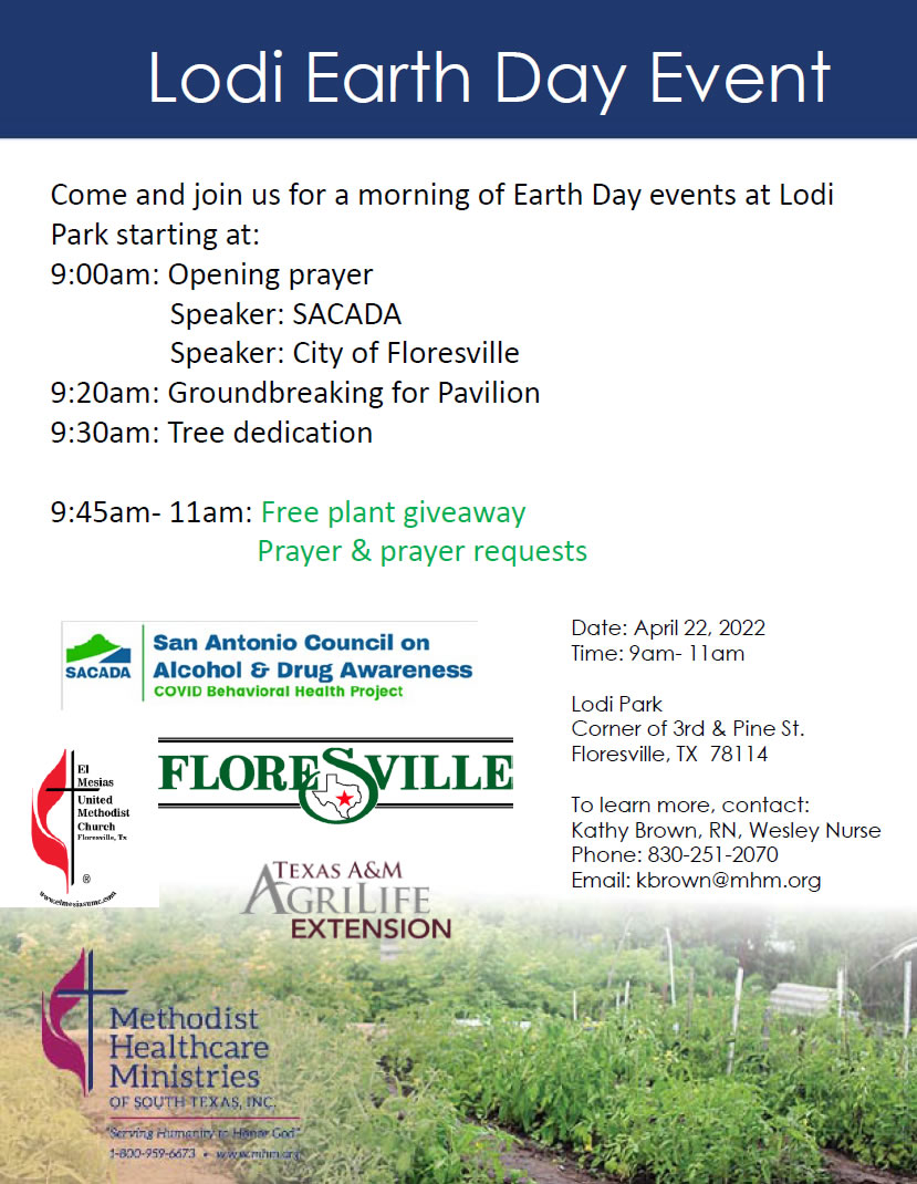 Come and join us for a morning of Earth Day events at Lodi Park! Friday, April 22, 2022, 9:00-11:00 a.m., Lodi Park, corner of 3rd Street and Pine Street, Floresville, Texas