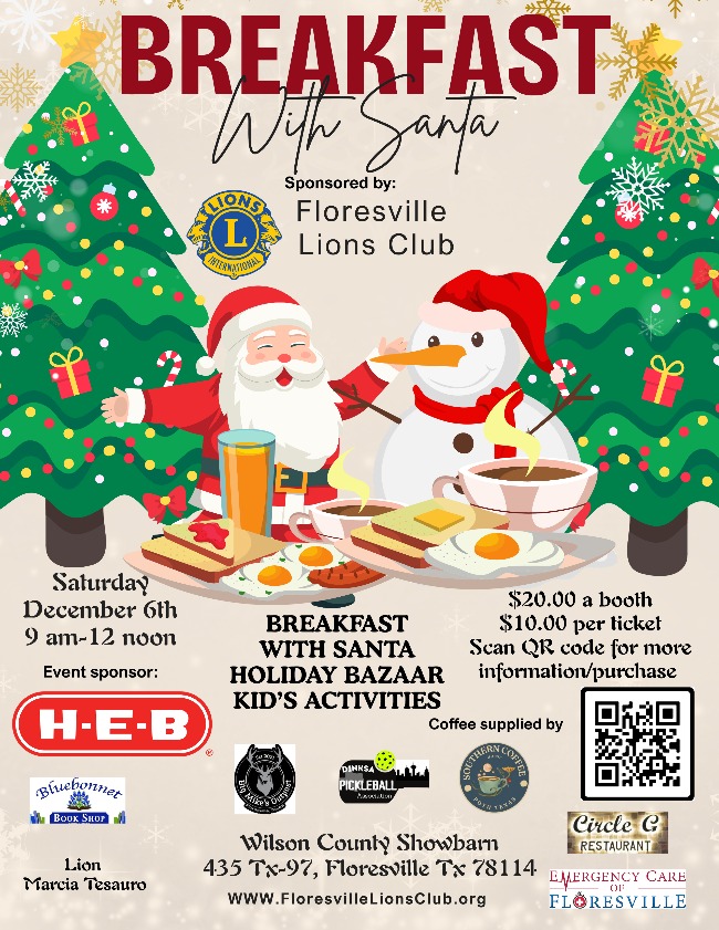 Breakfast with Santa, December 6, 2025, Floresville Lions Club, Wilson County Showbarn