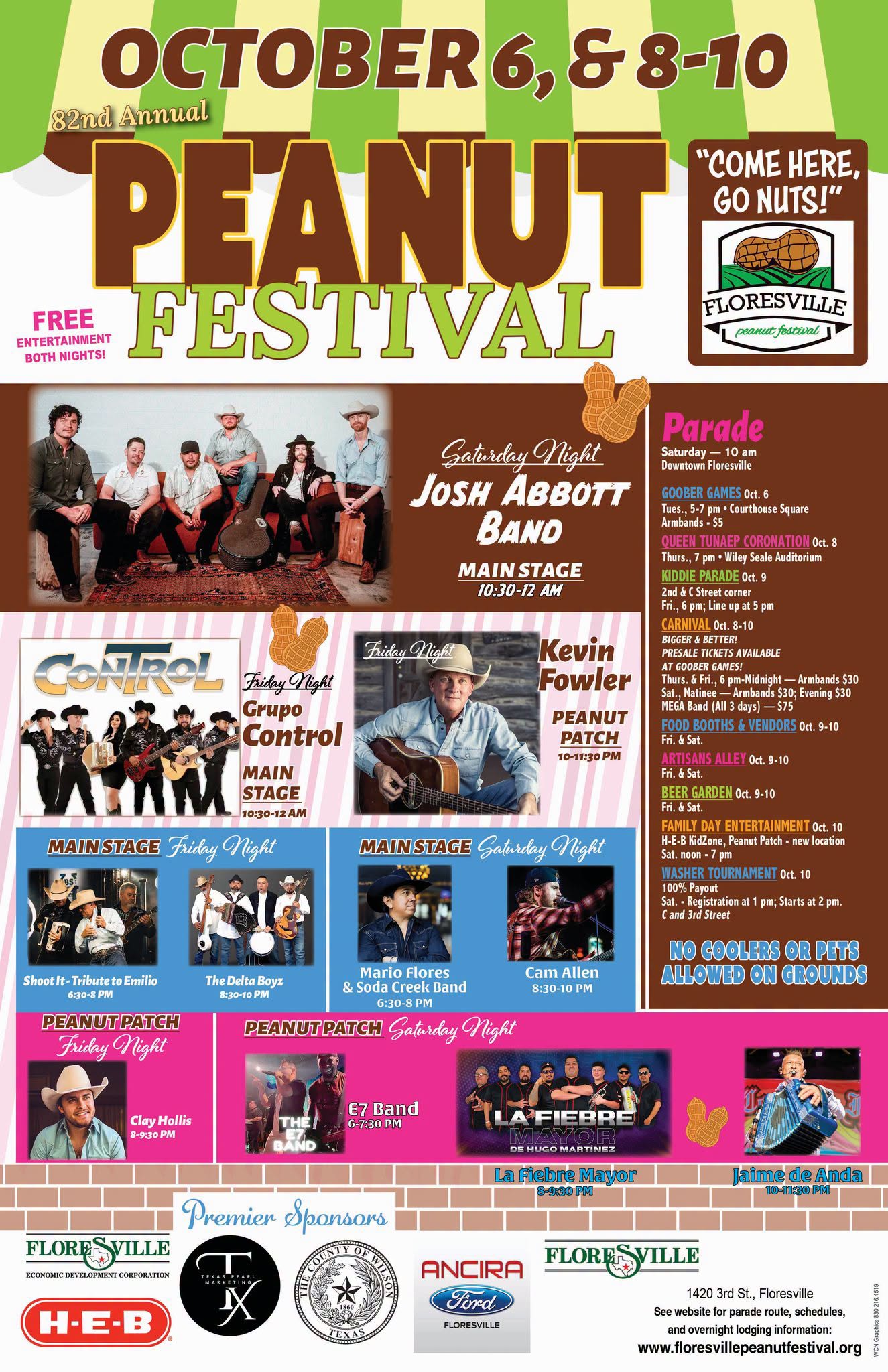 82nd Annual Floresville Peanut Festival poster, October 6 and 8–10, featuring Josh Abbott Band, Kevin Fowler, and Grupo Control, with parade, carnival, and free entertainment both nights.
