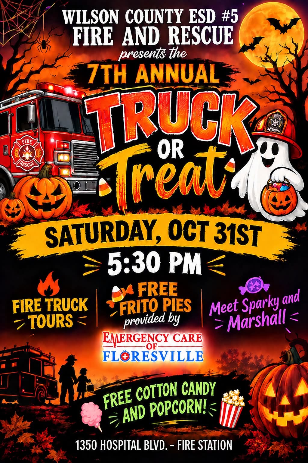 Bring your little ghosts and goblins for Truck or Treat #Halloween fun (Sat @ 5:30pm) at WCESD #5 (1350 Hospital Blvd in #Floresville). FREE Frito Pies. FREE Popcorn. FREE Cotton Candy. Fire Truck Tours. Marshall the Fire Pup! Come in your favorite costume!
