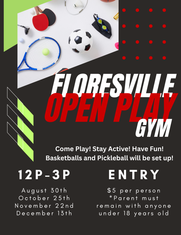 Basketball and pickleball at the Floresville Event Center! Upcoming Dates: Sunday, November 22 and Sunday, December 13. 12 PM – 3 PM, $5 per person. Bring the family, stay active, and have some fun!